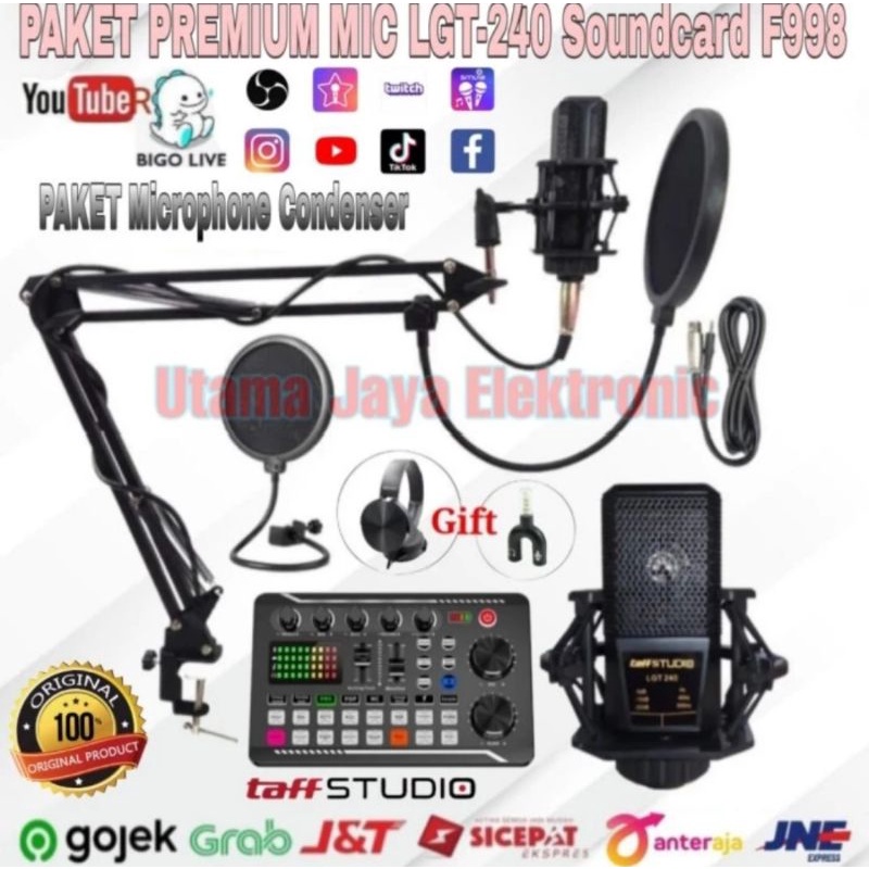 Paket Microphone Condenser LGT240 Soundcard F998 Stand Arm Pop Filter