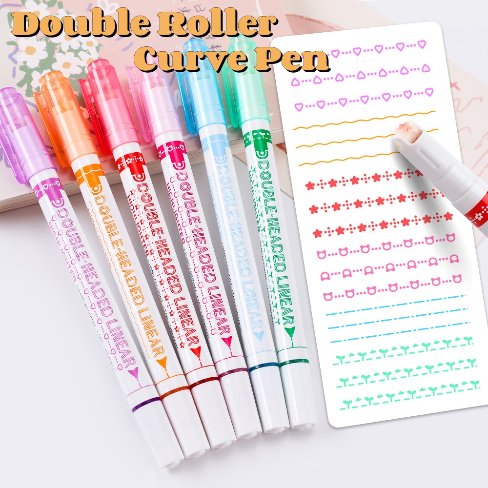 3 /6 Pcs Double-head Rollar Curve Pen Stabilo Lucu Berbentuk Bunga Cinta Beda Kurva Garis Tulisan Grafiti Menggambar Alat Spidol Terintegrasi Pen Tangan Akun Alat Tulis