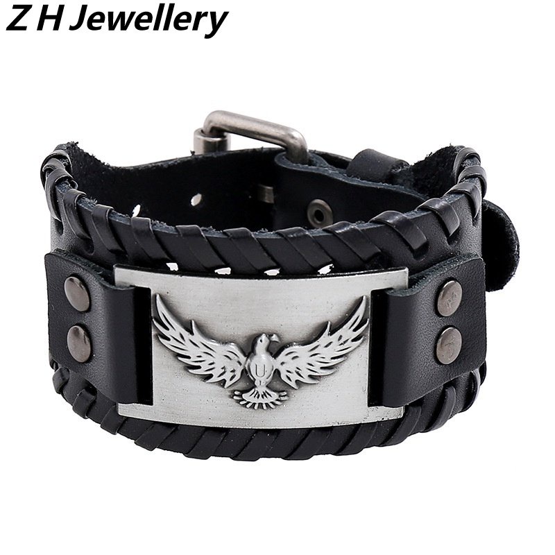 [Z H Perhiasan] Hip Hop Rock Retro Pria Fashion Stainless Steel Viking Eagle Rune Gelang Kulit Pesta Perhiasan Aksesoris