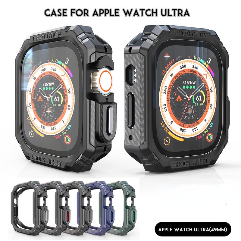 Military Toughed Frame Case Untuk Apple Watch Ultra 49mm Tekstur Serat Karbon Bumper Tombol Logam Untuk iWatch 49mm