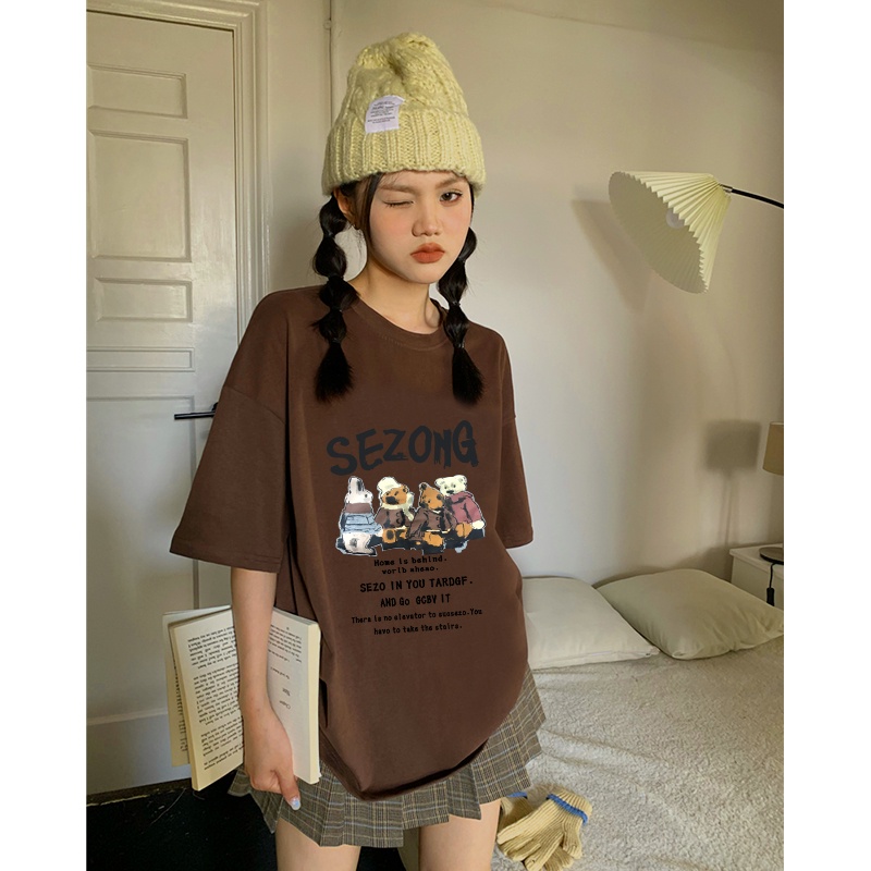 kaos korea wanita oversize lengan pendek lettering cartoon graphic print T-shirt vintage kaos perempuan