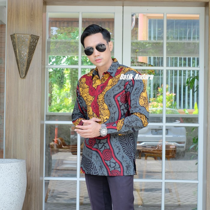 Baju Kemaja Batik Pria Lengan Panjang Modern Elegant Heem Premium Bahan Katun Primisima Warna Abu Abu