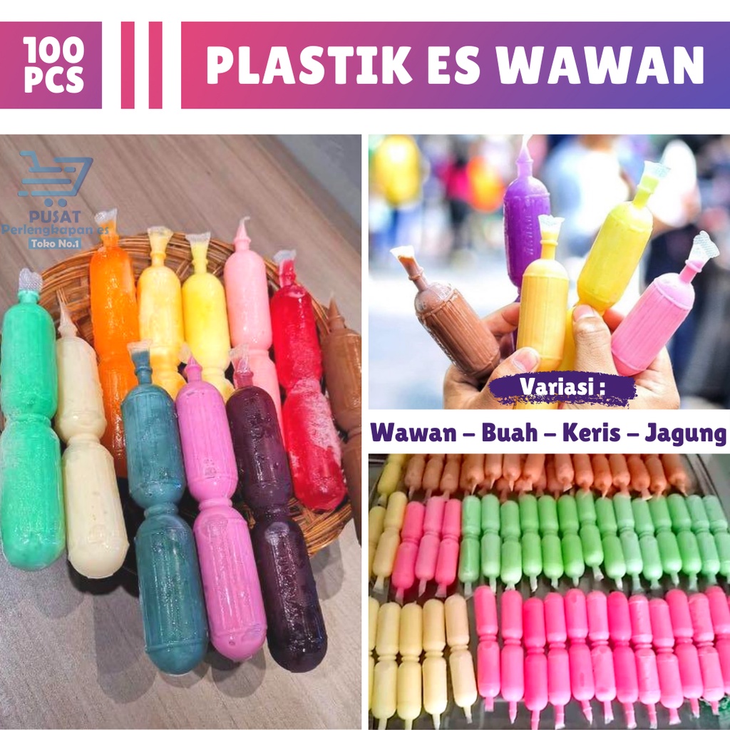 Plastik Es Wawan 100 pcs Kemasan Pelastik Es Mambo Karakter Bungkus Es Pudot Puding Buah Jagung Ikan
