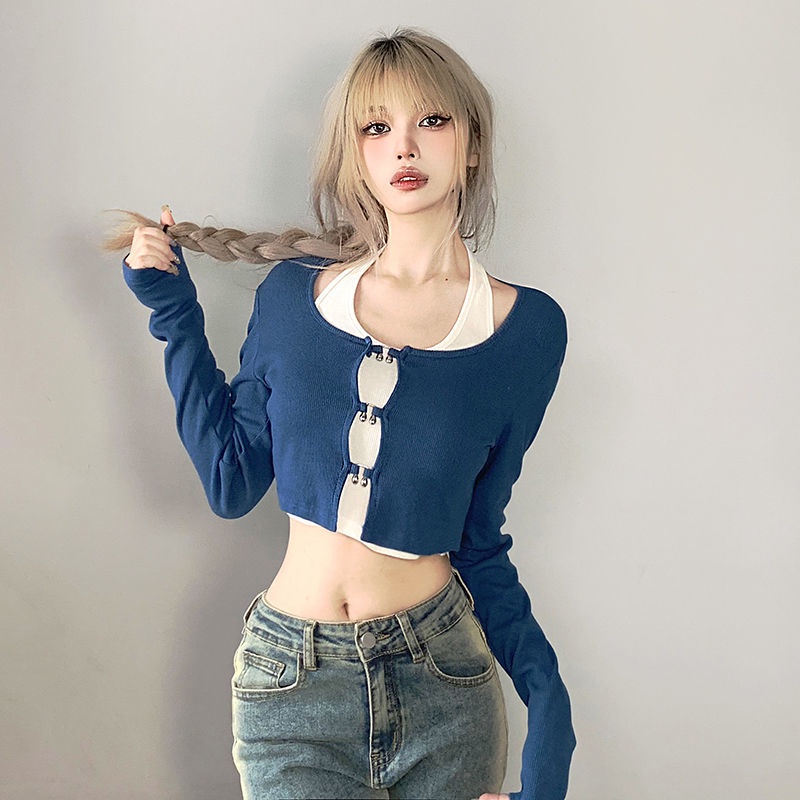 ✆☃Suhao Rapcopter American Hollow Kardigan Rajut T-shirt + Menggantung Leher Rompi Dua Potong Wanita Slim Hot Gadis Pendek top