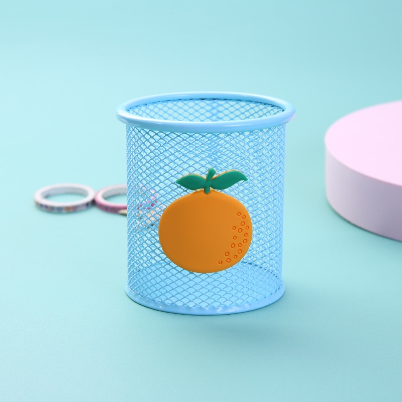 Pink Square Round Shape Milk Peach Banana Pattern Metal Hollow Out Storage Pen Holder for Student Gift