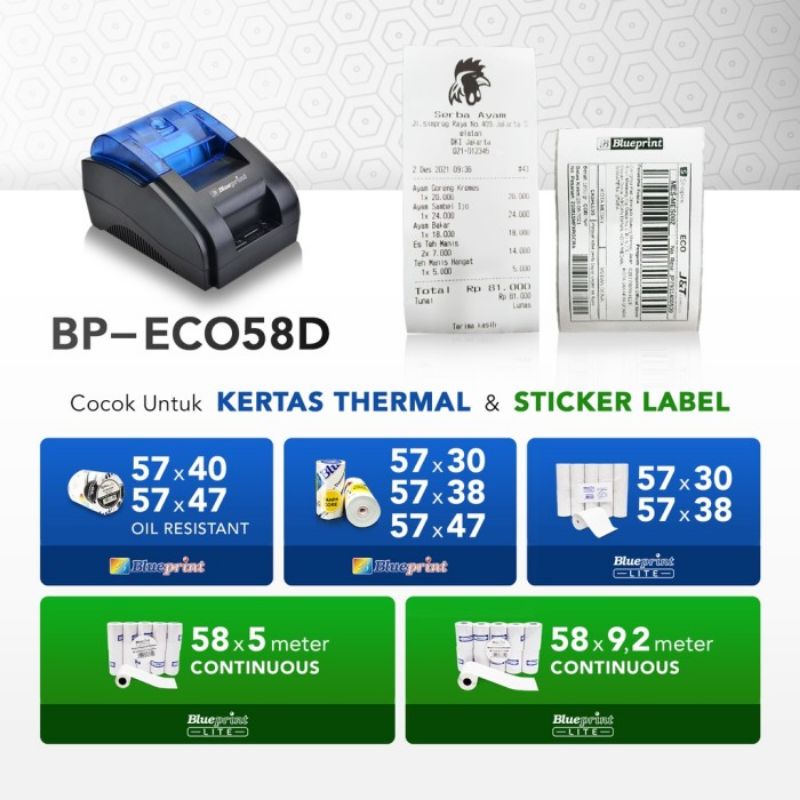 BP-ECO58D Printer Bluetooth Thermal Kasir Blueprint USB BT RJ11 ECO 58D