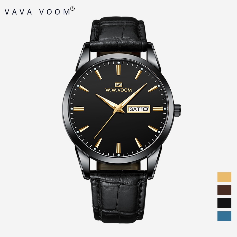 VAVAVOOM Jam Tangan Pria Original Anti Air Tahan Kulit Analog Men Watch Hitam Putih Biru Cod-2501-HH