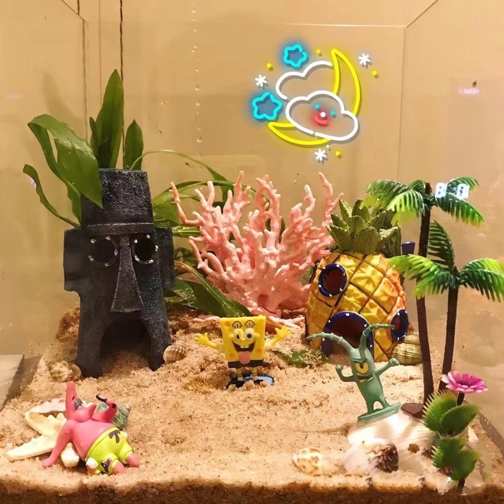 Spons Bob Figure Patrick Star Mainan Set Kartun Action Fish Tank Micro Landscape Decor Aquarium Mainan