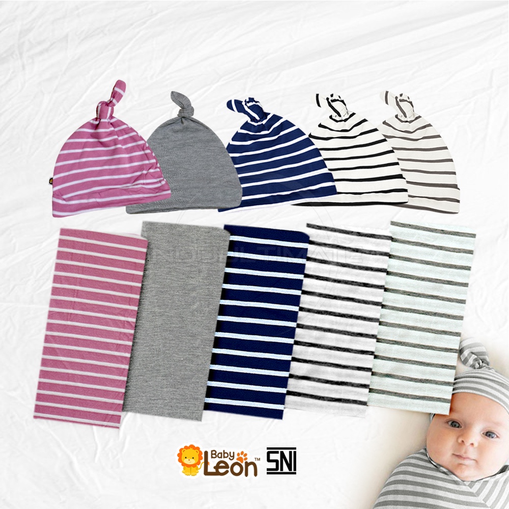 2in1 Bedong Bayi + Topi  Kupluk Bayi BABY LEON Perlengkapan bayi baru lahir BC-2211 Kain Selimut Bayi Kain Bedongan bayi  Alas Tidur Bayi Selimut Tidur Bayi Baby Hat Topi Kuncir Bayi Perlengkapan Baby Newborn