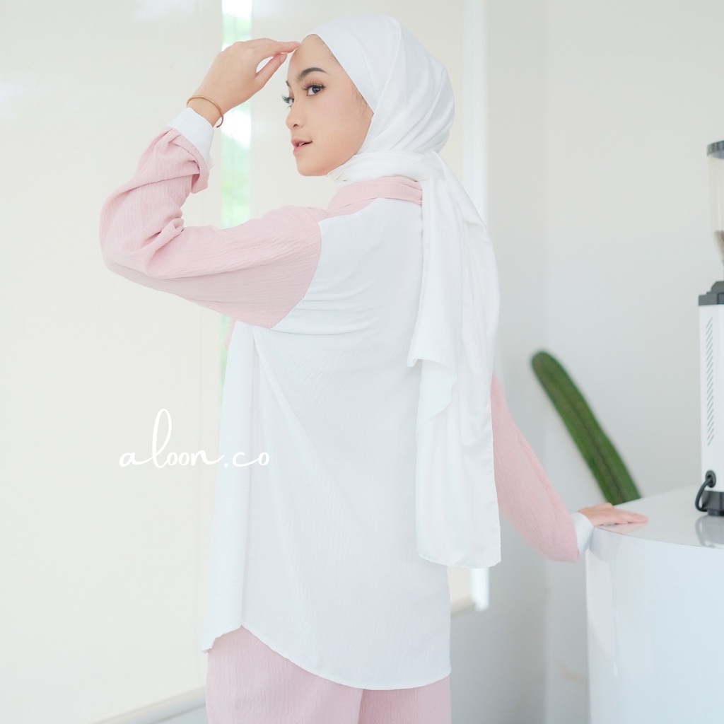 Leanor One Set Crinkle Airflow Sablon Busui Friendly – Baju Setelan Wanita Kekinian