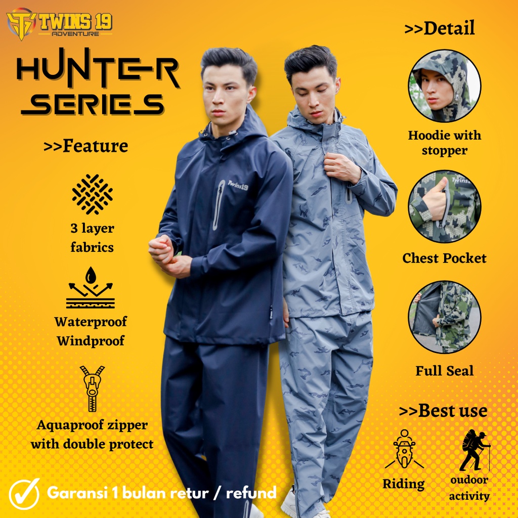 Jas Hujan Raincoat TWINS19 Original Waterproof Hunter Series Bahan 3 layers fabric import