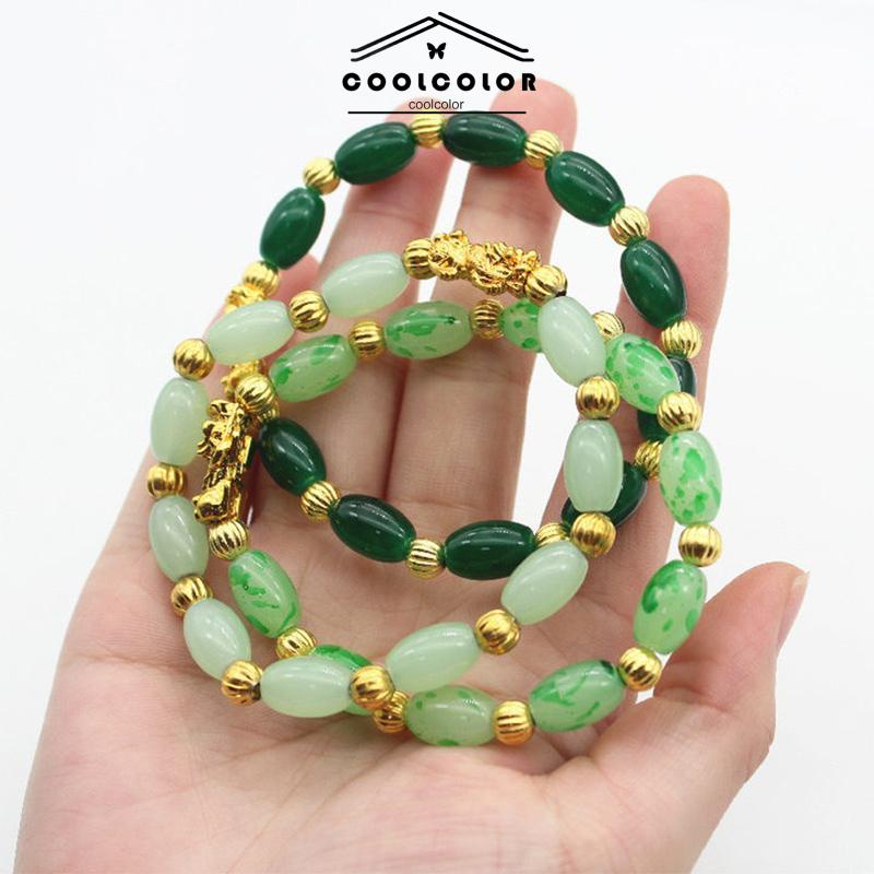 COD❤️Gelang Batu Akik Giok Oval Wanita Gelang Manik-manik Emas Keras Emas Pixiu Beruntung- cl