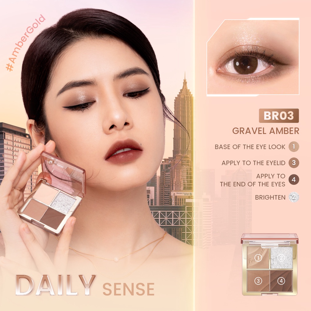 FOCALLURE#AmberGold Streamer City Amber  High Pigment Eyeshadow Palette Silky Smooth Long Wear Waterproof 4 Shades