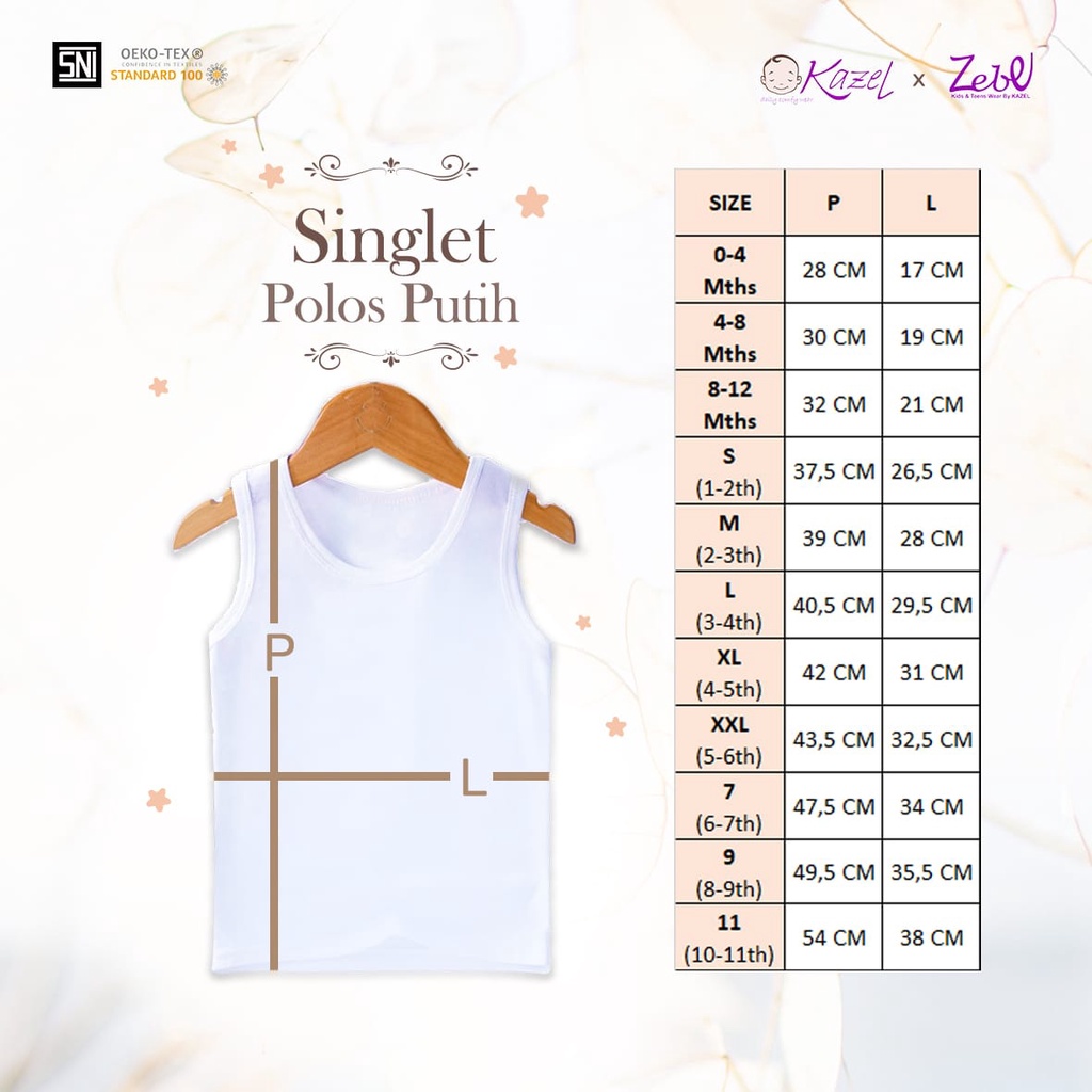 Kazel 3Pc Singlet Putih Adem 0 - 12 Tahun Singlet Warna Putih Anak Kazel x Zebe Half CBKS