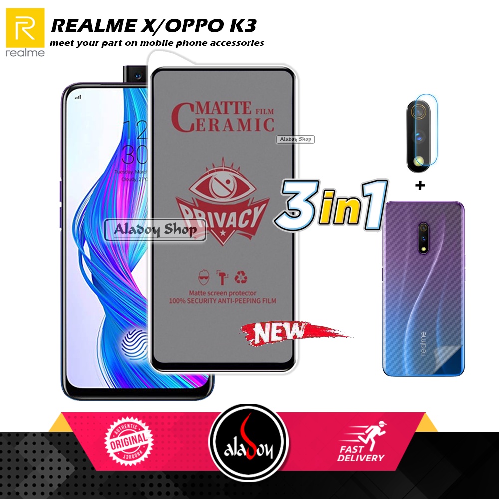 Tempered Glass Anti SPY Realme X/Oppo K3 Anti Gores Privacy + Tempered Glass kamera dan Skin Carbon