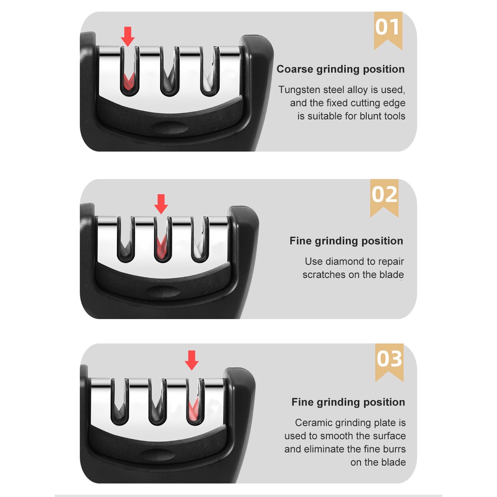 ღ 4 Segmen Pengasah Pisau Genggam Tiga Tujuan Hitam Batu Asah Cepat Mengasah Alat dengan-Slip Base Pisau Dapur Aksesoris