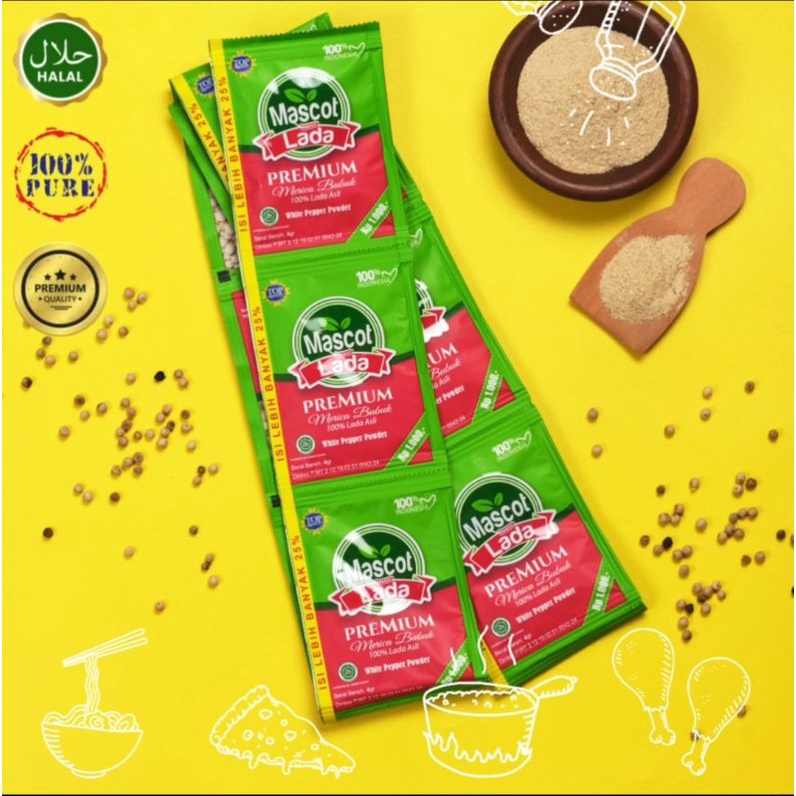 

LADA PUTIH ASLI BANGKA MUNTOK WHITE PEPPER MUNTOK MERK MASCOT LADA SASET 4GRAM HARGA 12 PCS/RENCENG