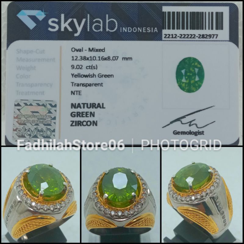 CINCIN PERAK NATURAL GREEN ZIRCON OVAL CUTTING TOP LUSTER + SERTIFIKAT SKY LAB