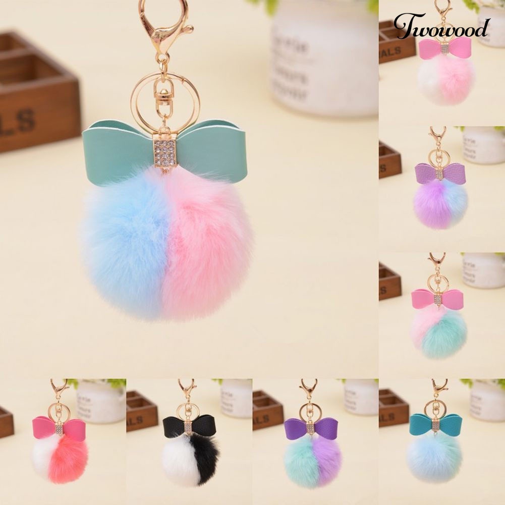 Twowood Faux Rabbit Fur Ball Fluffy Ikatan Simpul Pesona Gantungan Kunci Mobil Handbag Phone Key Ring