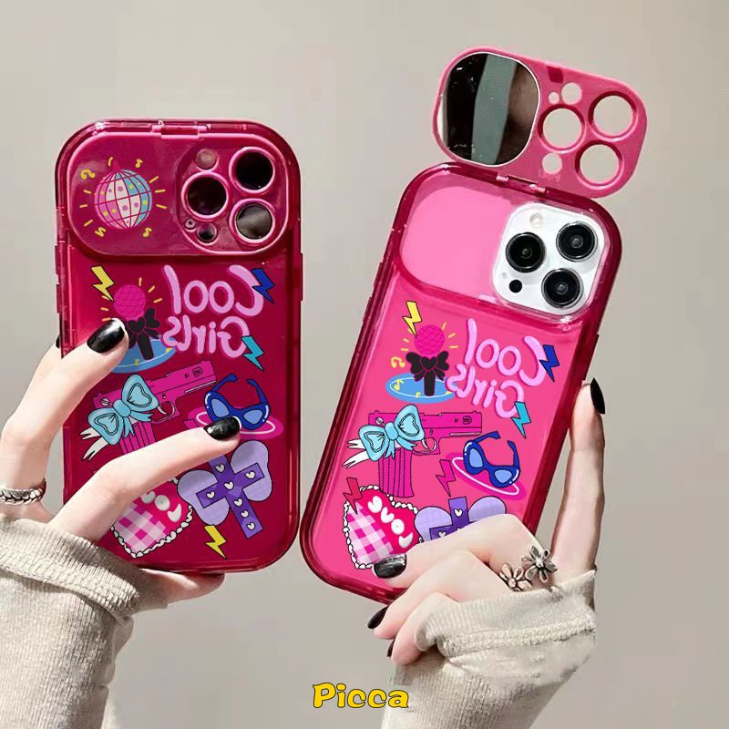 IPHONE Flip Make Up Mirror Case Lensa Kamera Kompatibel Untuk Iphone7 8 Plus XR 11 12 13 14 Pro MAX X XS MAX SE 2020 Kartun Lucu Graffiti Gadis Keren Soft Case