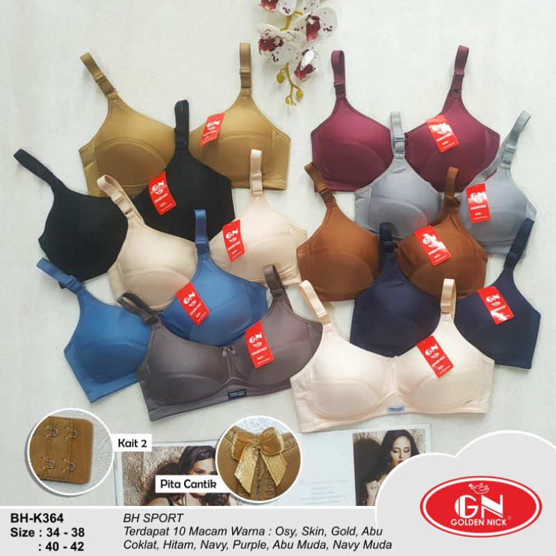 Sport Bra Golden Nick K364 | Tanpa Busa Tanpa Kawat Kait 2 | BH GN K364 | Bahan Licin Size 34 36 38 40 42 Pilih Warna