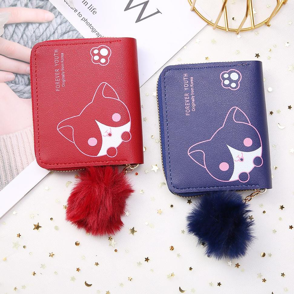 Dompet Koin Mini Wanita + Pom2 Motif Cat Cute Fashion Trendy Fashion Wallet ACC