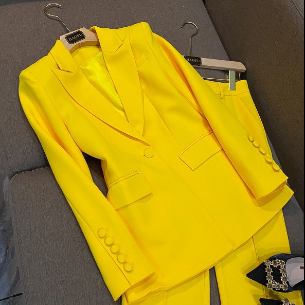 Suhao one-piece suit musim panas baru lemon kuning profesional memakai fashion kain tombol mid-length suit setelan celana berkobar two-piece suit