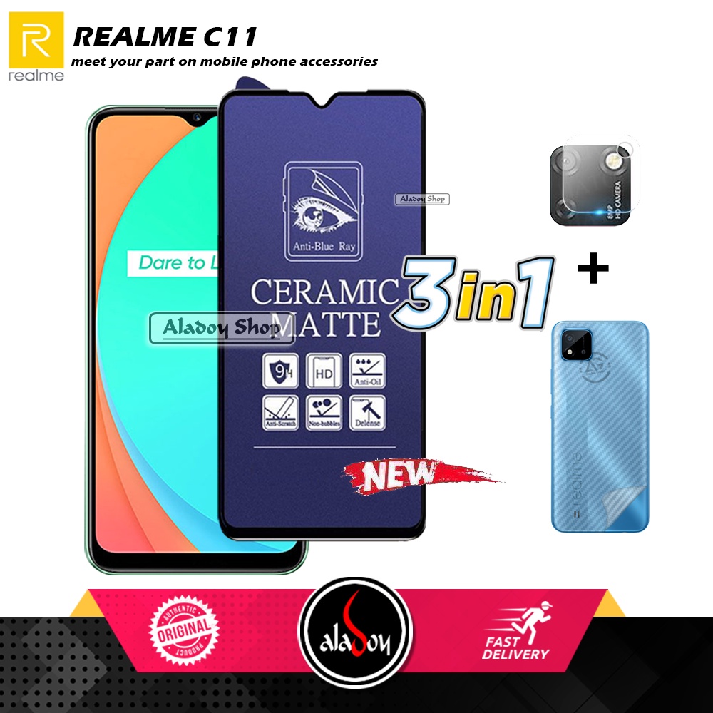 PAKET 3IN1 Anti Gores Blue Matte Anti Glare Realme C11 + Tempered Glass Camera dan Skin Carbon