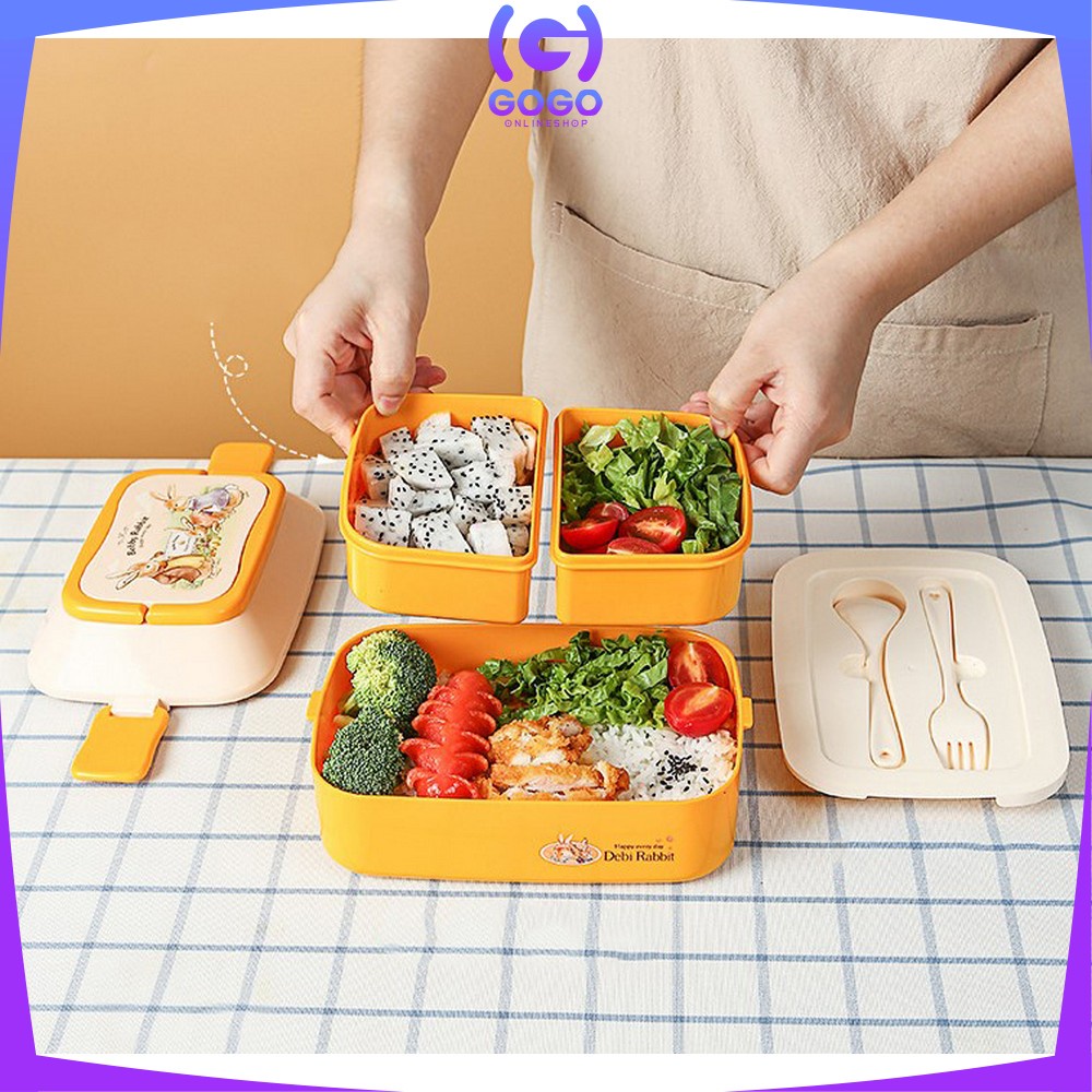 GOGO-C758 Tempat Makan 2 Susun Lunch Box Anti Tumpah / Kotak Makan Siang / Kotak Bekal Set Sendok Garpu