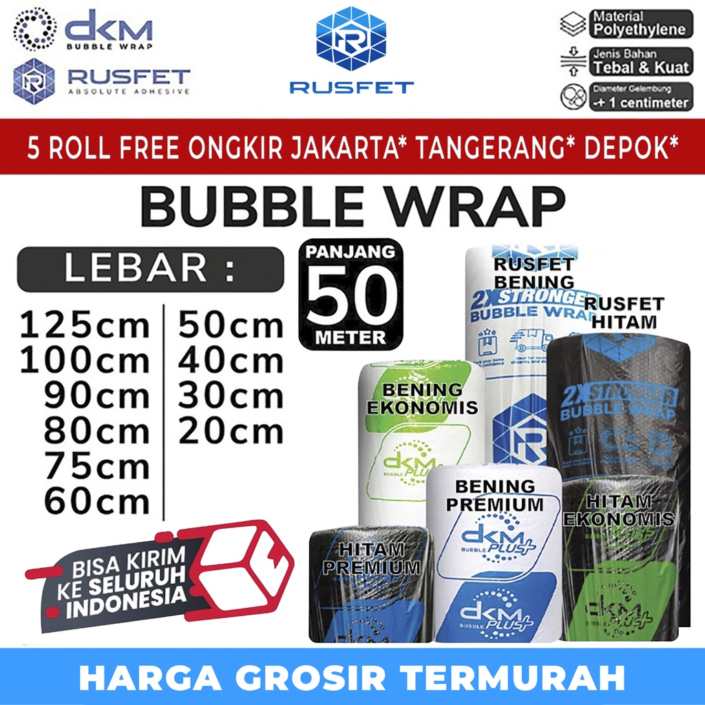 

Plastik Bubble Wrap 50M RUSFET DKM+ Bubblewrap Packing TEBAL ROLL