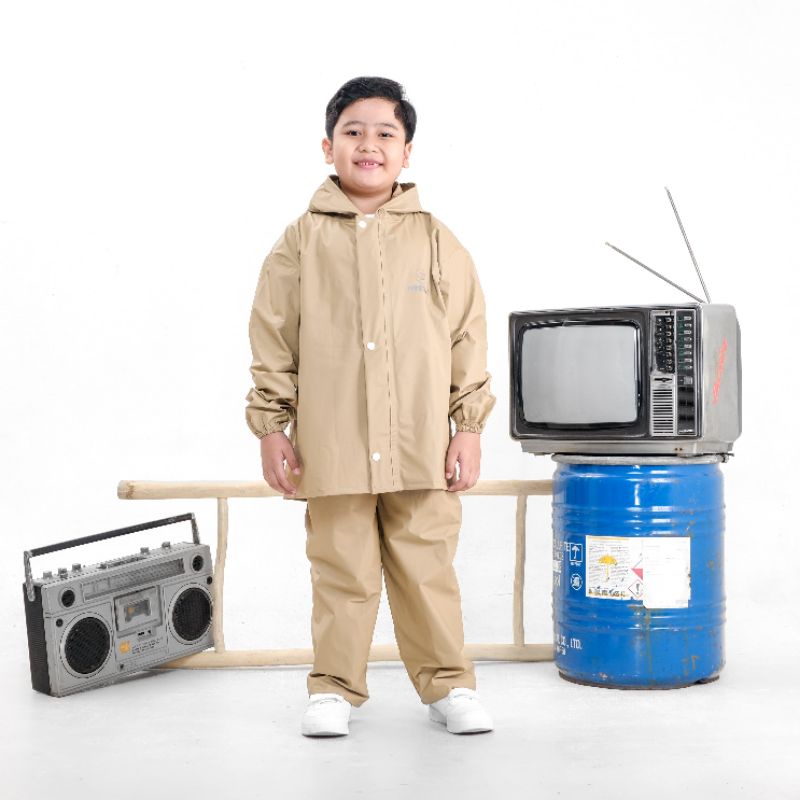 HOODJAS / Jas Hujan Setelan Anak / Raincoat Premium Bahan PVC NYLON Cream / Mantel Anak Laki Laki Perempuan / Model Terbaru