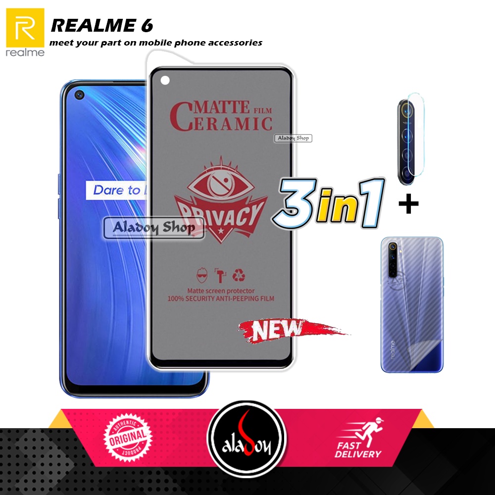 Tempered Glass Anti SPY Realme 6 Anti Gores Privacy + Tempered Glass kamera dan Skin Carbon