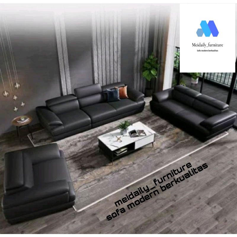 Sofa Kulit 321 Minimalis Modern Super Mewah Hitam Elegant Kursi Ruang Tamu Model Terbaru Kualitas Pr