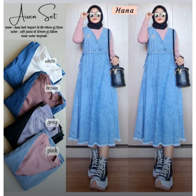 Aisen set//Set gamis overall jeans//Overal//setelan gamis//Gamis overall//gamis setelan//gamis remaj