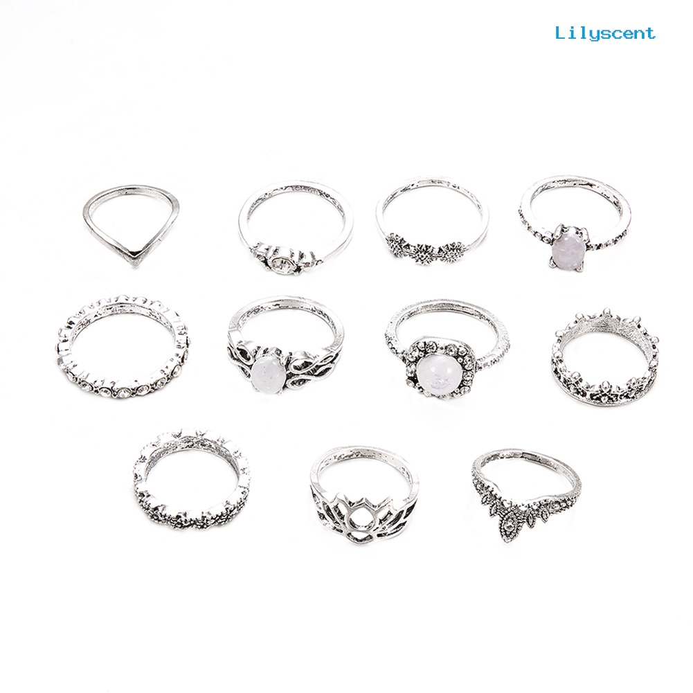 [LS]11Pcs Set Perhiasan Wanita Faux Opal Berlian Imitasi Knuckle Susun Bersama Rings Band