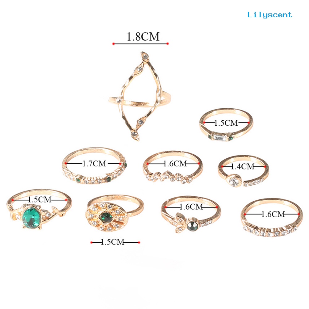 [LS]9Pcs /Set Lady Hollow Belah Ketupat Oval Berlian Imitasi Pembukaan Susun Knuckle Midi Ring