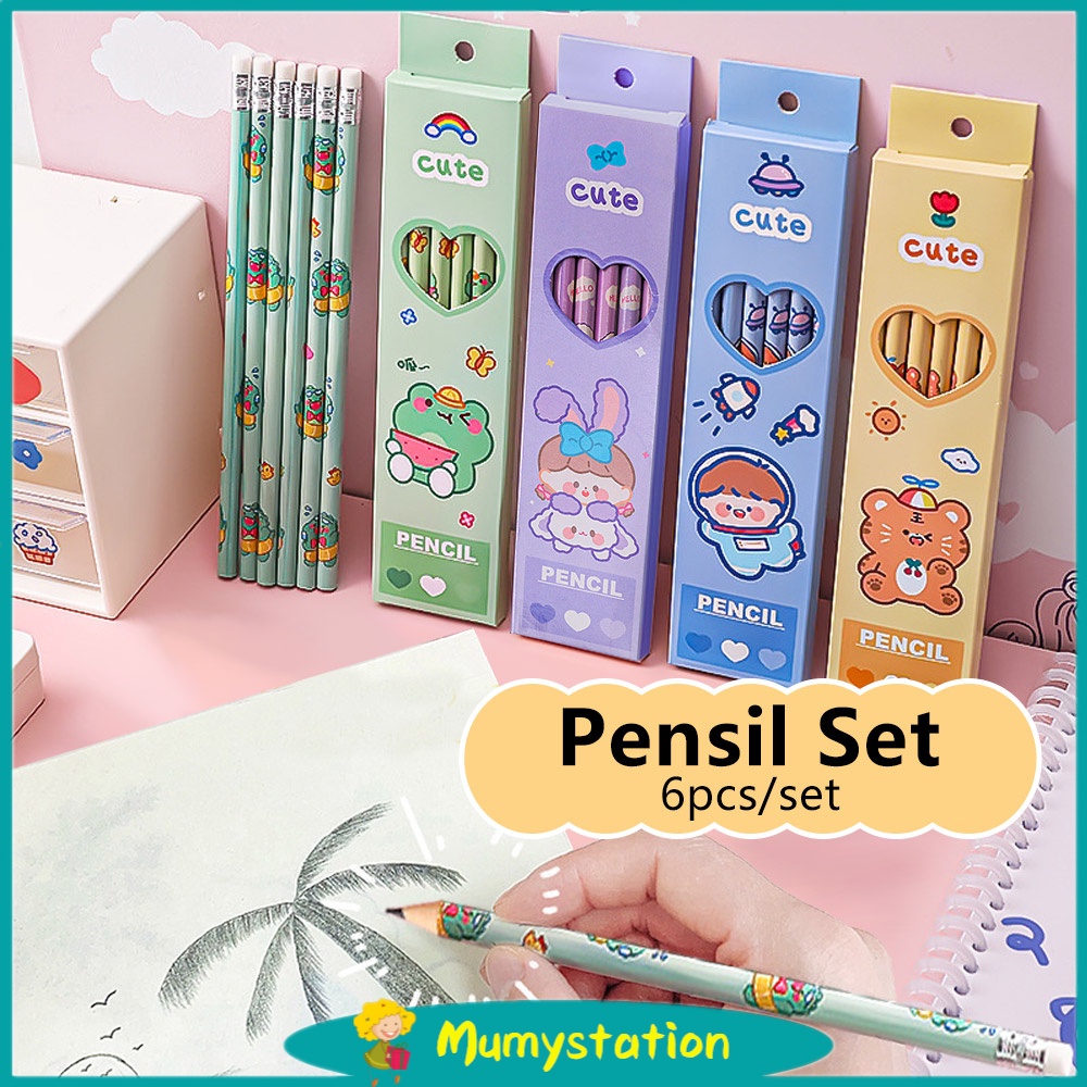 Mumystation 6pcs set pensil tulis motif/pensil set lucu/Alat tulis pensil