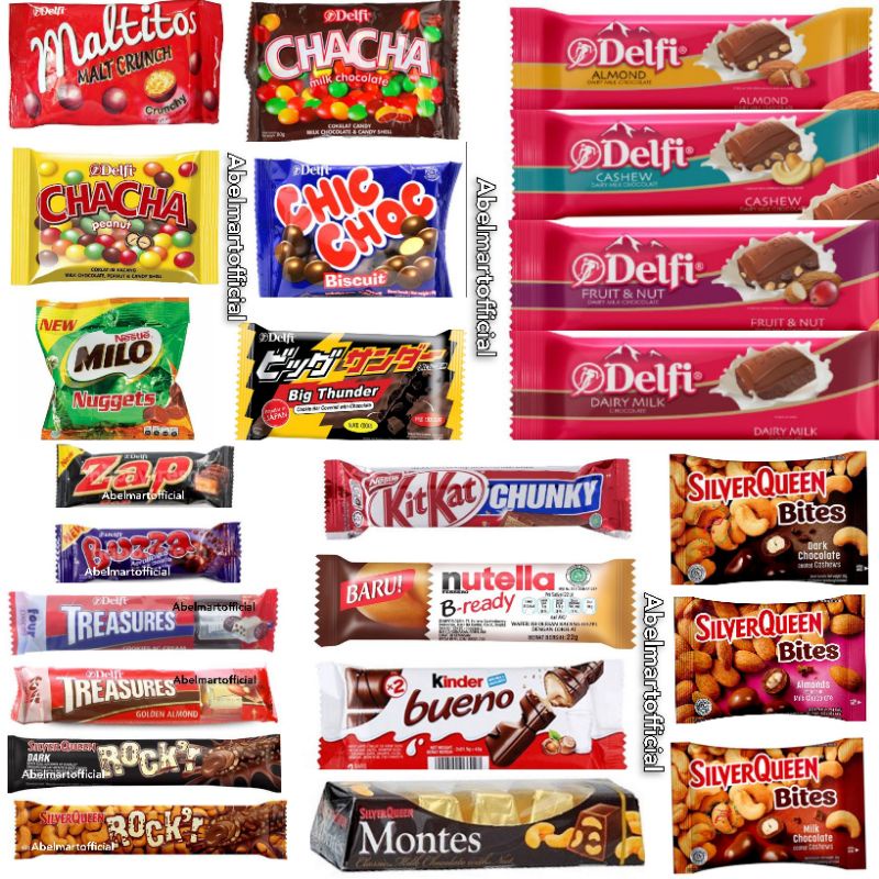 

DELFI /BUZZA / CHIC CHOC / CHACHA / MALTITOS/ MILO NUGGETS / SILVERQUEEN MONTES / TREASURE / DELFI / BIG THUNDER / TAKE IT / KINDER BUENO / COKELAT VALENTINE / COKLAT VALENTINE