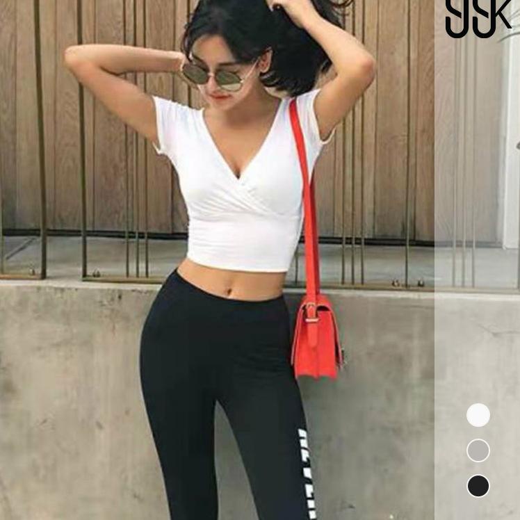 Sexy V-neck T-Shirt Crop Top Kaos Wanita 1052 (XS-XL) [MBL.11De22n]