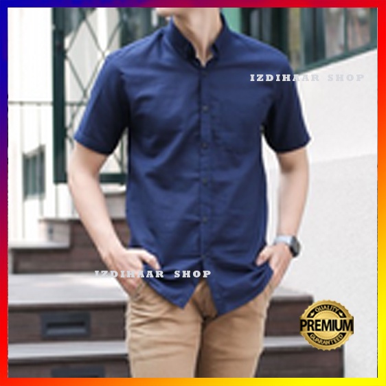 Kemeja Pria Lengan Pendek Polos Katun Biru Navy JUMBO XXXL