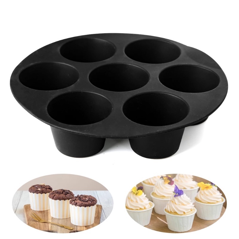 7per8inch Bulat Untuk Pastry Microwave Oven Baking Tray Non-stick Food Grade Silicone Pot Muffin Kue Cup Mold Baking Air Fryer Reusable 7lubang Alat Masak Oven Microwave Dapur