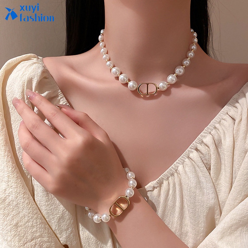 Fashion Mutiara Kalung Gelang Huruf Anting Untuk Wanita Elegan Emas Choker Stud Earring Set Perhiasan Aksesoris