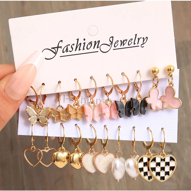 Fashion Resin Emas Perak Anting Set Perak Untuk Wanita Mutiara Kristal Jantung Stud Hoop Earring Butterfly Bebek Bintang Perhiasan Aksesoris