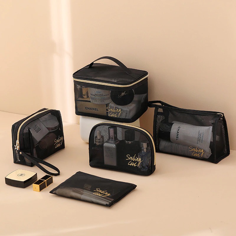SG2 Transparent Mesh Pouch / Tas Make Up Portable Organizer Alat Kosmetik / Skincare / Kuas Wajah Mudah Dibawa Travel Tahan Air Praktis Elegan Premium Travel Stand Bag Organizer