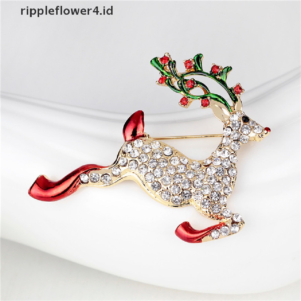 {rippleflower4.id} 1x Berlian Imitasi Baru Kristal Natal Rusa Bros Pin Bros Xmas Hadiah Nada Emas~