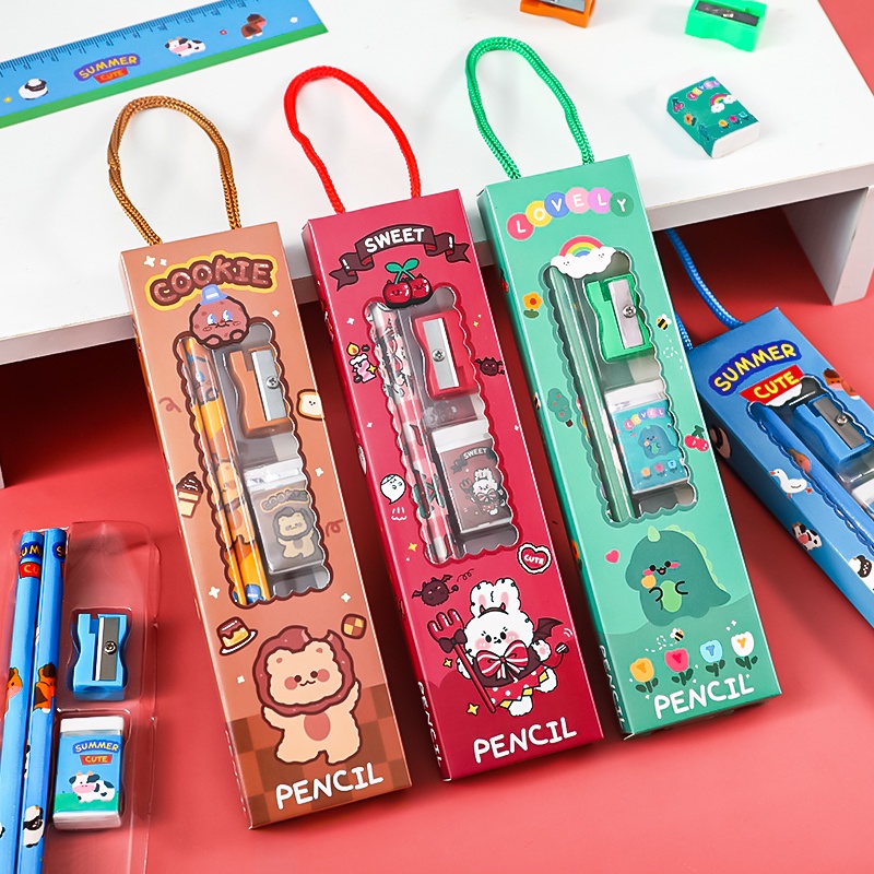 5pcs Kotak Indah Kartun Pensil &amp; Eraser &amp; Sharpener &amp; Ruler Set Siswa Set Alat Tulis Portable