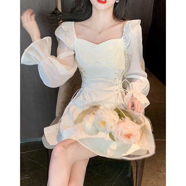 Dress wanita dress korea putih katun kombinasi sifon mini dress