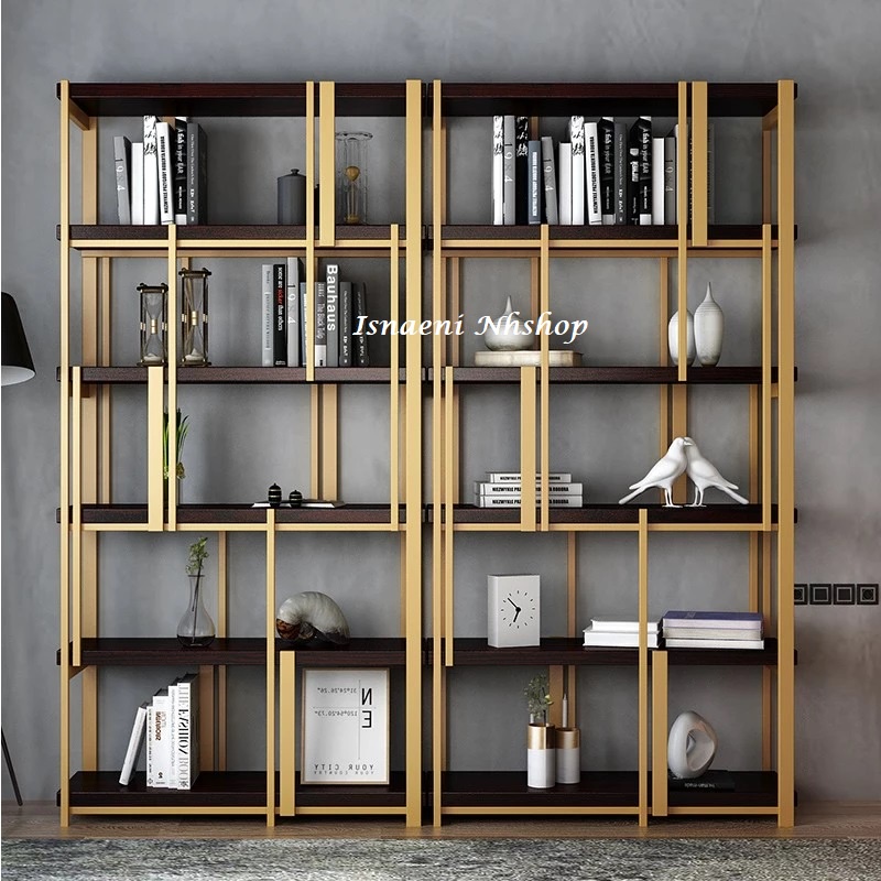 Rak Buku Minimalis Nordic Lantai Emas Multi-lapisan Rak Partisi Ruang Tamu Rak Buku Samping Sofa Mew