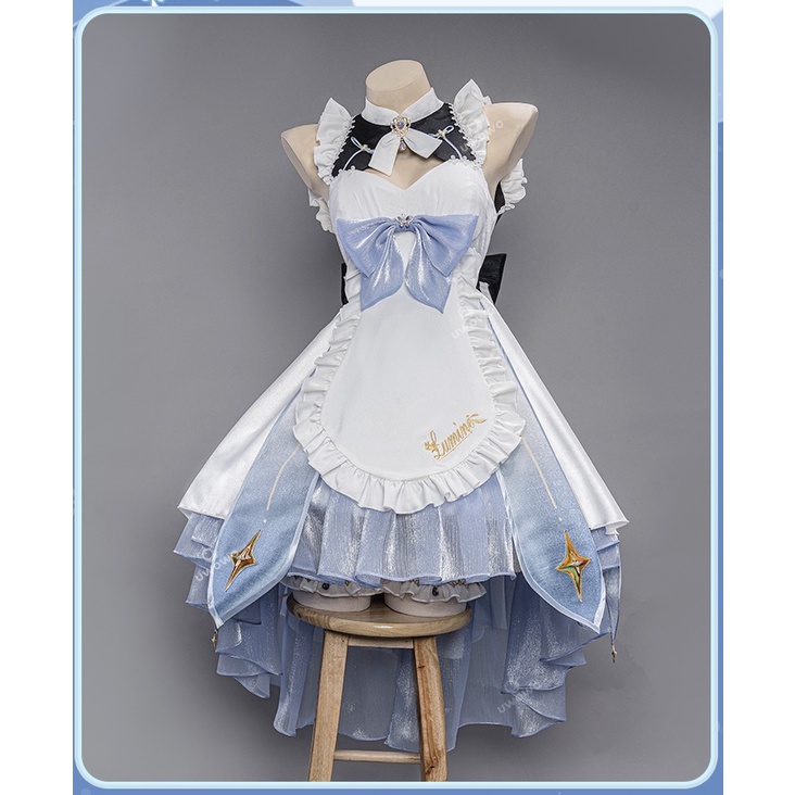 UWOWO Game Genshin Impact Fanart Lumine Maid Ver Cosplay Costume Traveler Lumine Cosplay Maid Dress Halloween Costume