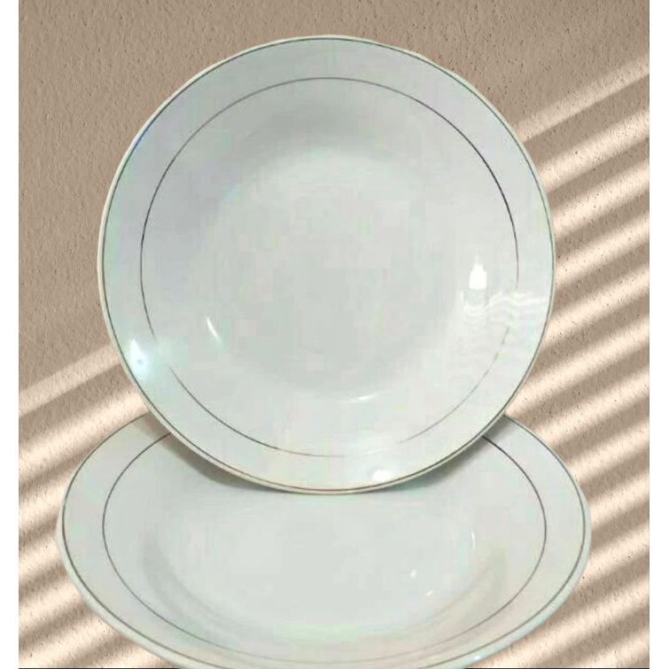 ( Grab / Gojek ) 1 Lusin Piring Keramik Putih List Emas / Silver